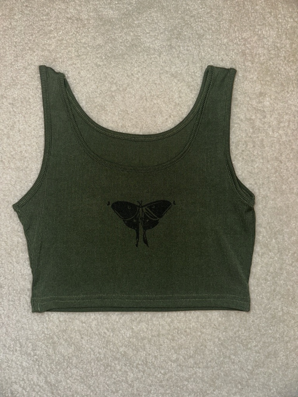SHEIN Olive Green Ribbed Crop Tank with Black Butterfly